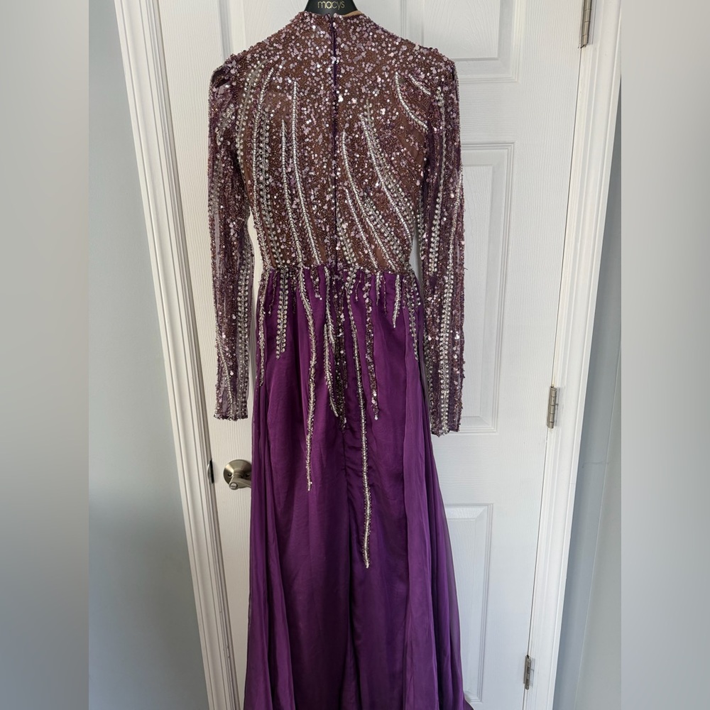 Sequined Long-Sleeve Purple Evening Gown